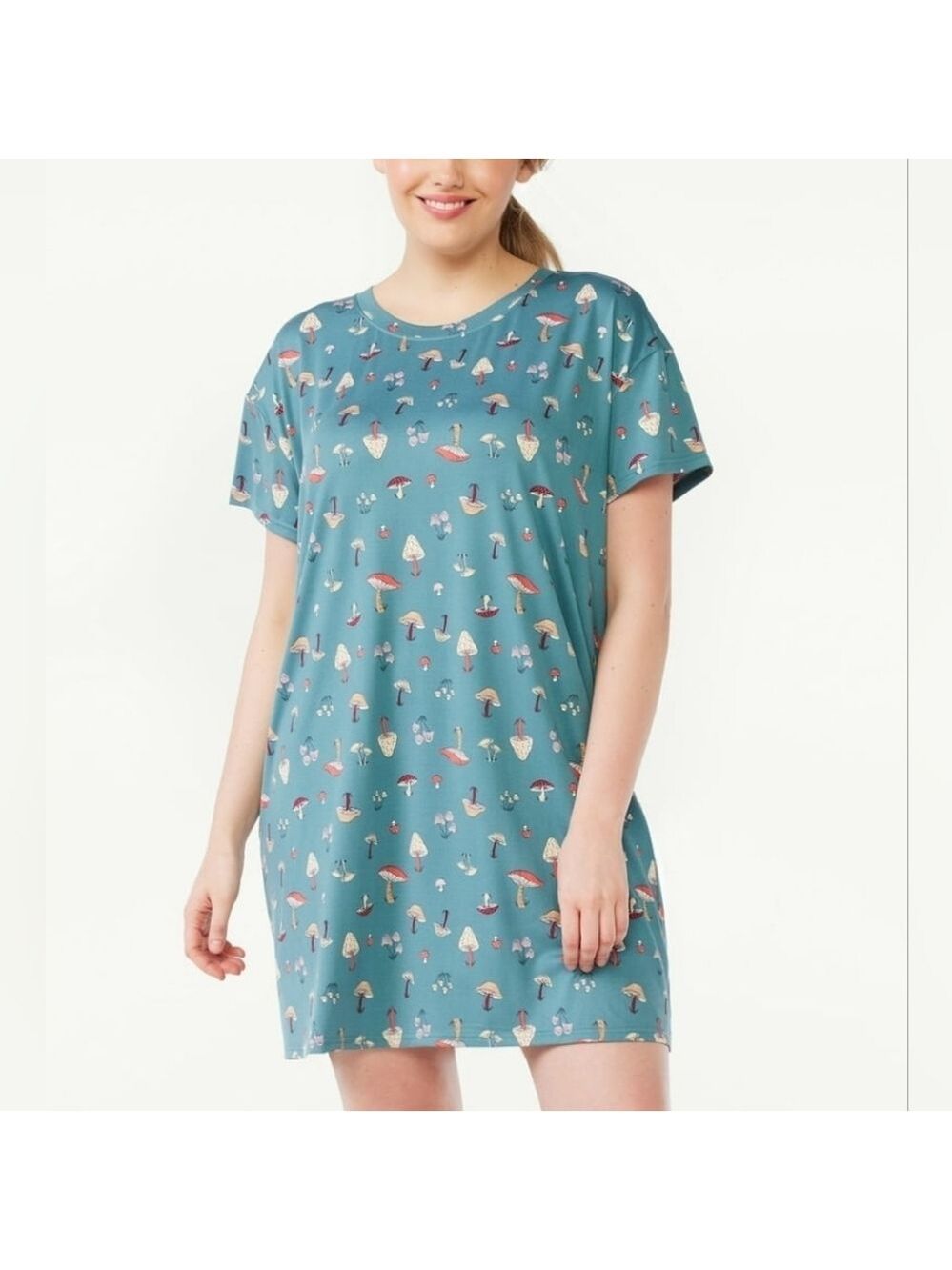 S / M • Joyspun • Teal Mushroom Print T-Shirt Dress With Pockets